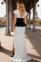 Load image into Gallery viewer, Black and White Polka Dots V-Neck Long Satin Prom Dress with Slit