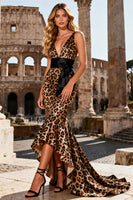 Load image into Gallery viewer, Khaki Leopard V-Neck Asymmetrical Mermaid Prom Dress with Ruffles