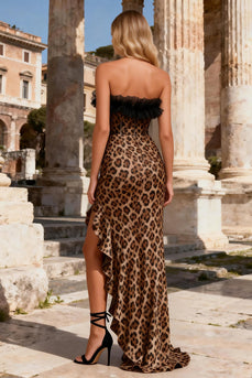 Khaki Leopard Strapless Sheath Long Corset Prom Dress with Ruffles