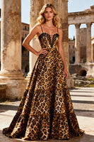 Load image into Gallery viewer, Khaki Leopard Print Spaghetti Straps A Line Long Prom Dress