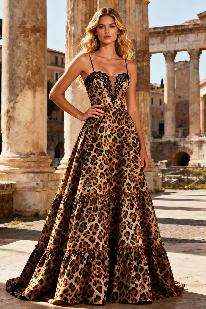 Load image into Gallery viewer, Khaki Leopard Print Spaghetti Straps A Line Long Prom Dress