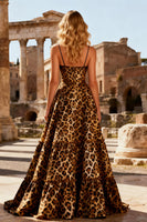 Load image into Gallery viewer, Khaki Leopard Print Spaghetti Straps A Line Long Prom Dress