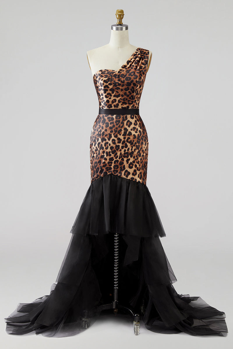 Load image into Gallery viewer, Khaki Leopard Print One Shoulder Mermaid Long Prom Dress