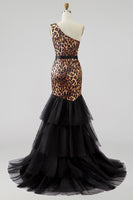 Load image into Gallery viewer, Khaki Leopard Print One Shoulder Mermaid Long Prom Dress