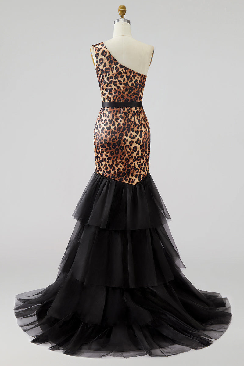 Load image into Gallery viewer, Khaki Leopard Print One Shoulder Mermaid Long Prom Dress