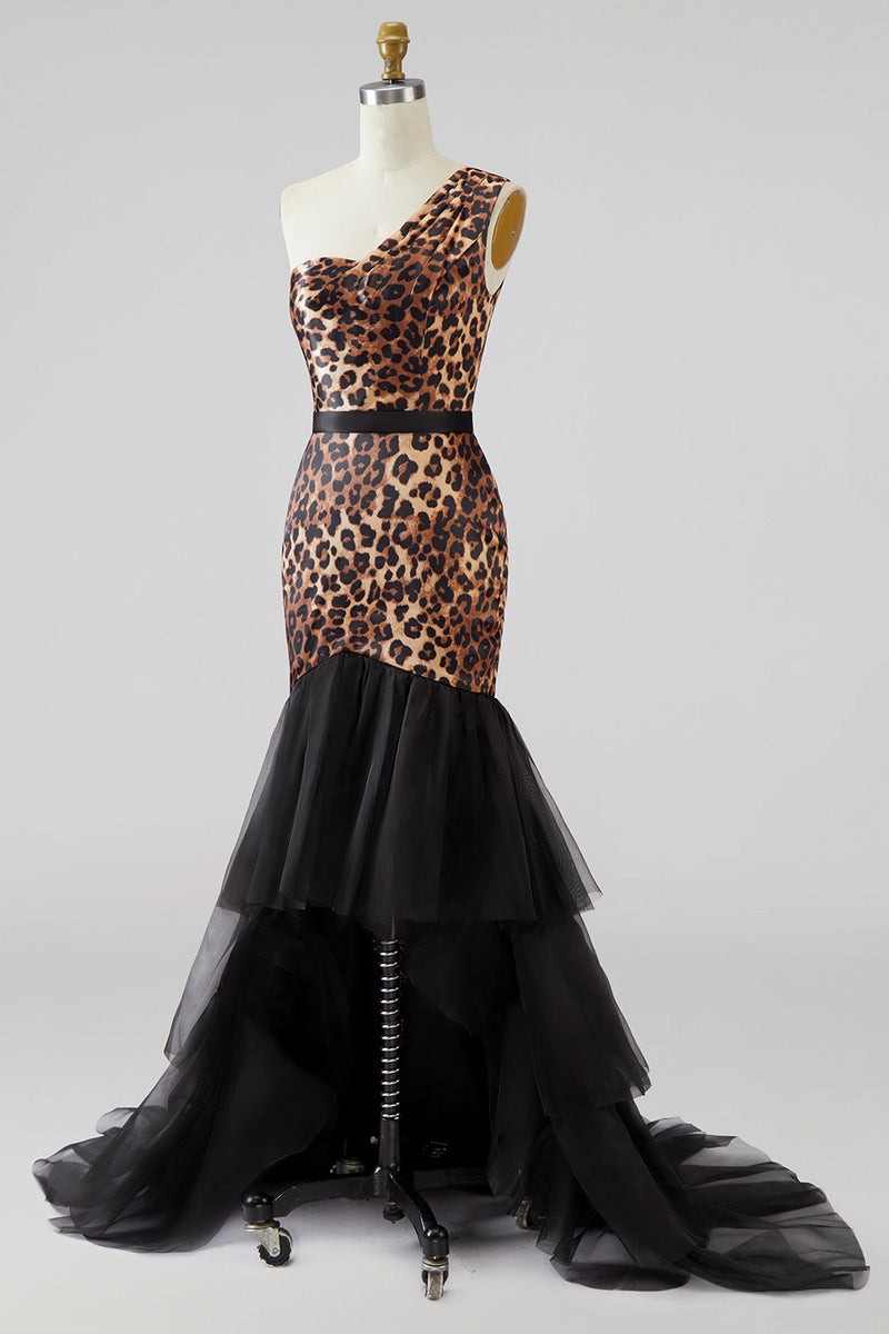Load image into Gallery viewer, Khaki Leopard Print One Shoulder Mermaid Long Prom Dress