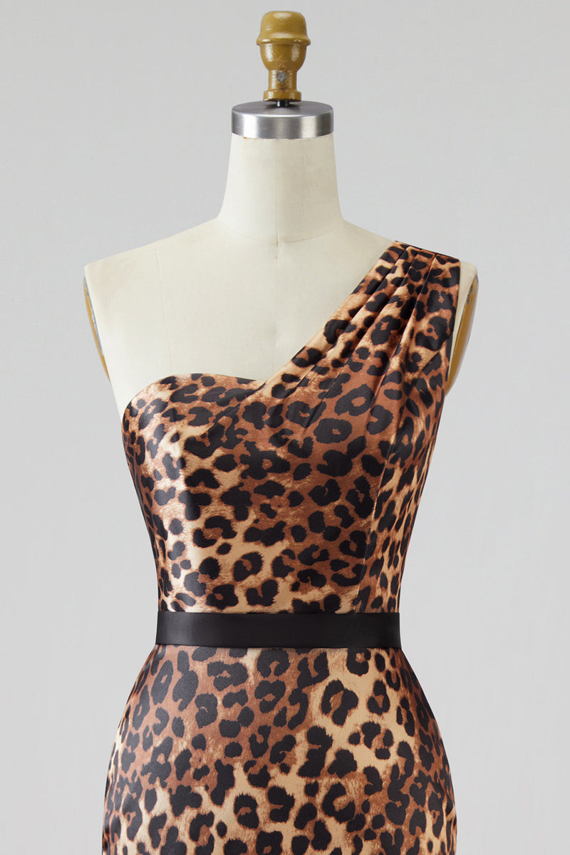 Load image into Gallery viewer, Khaki Leopard Print One Shoulder Mermaid Long Prom Dress