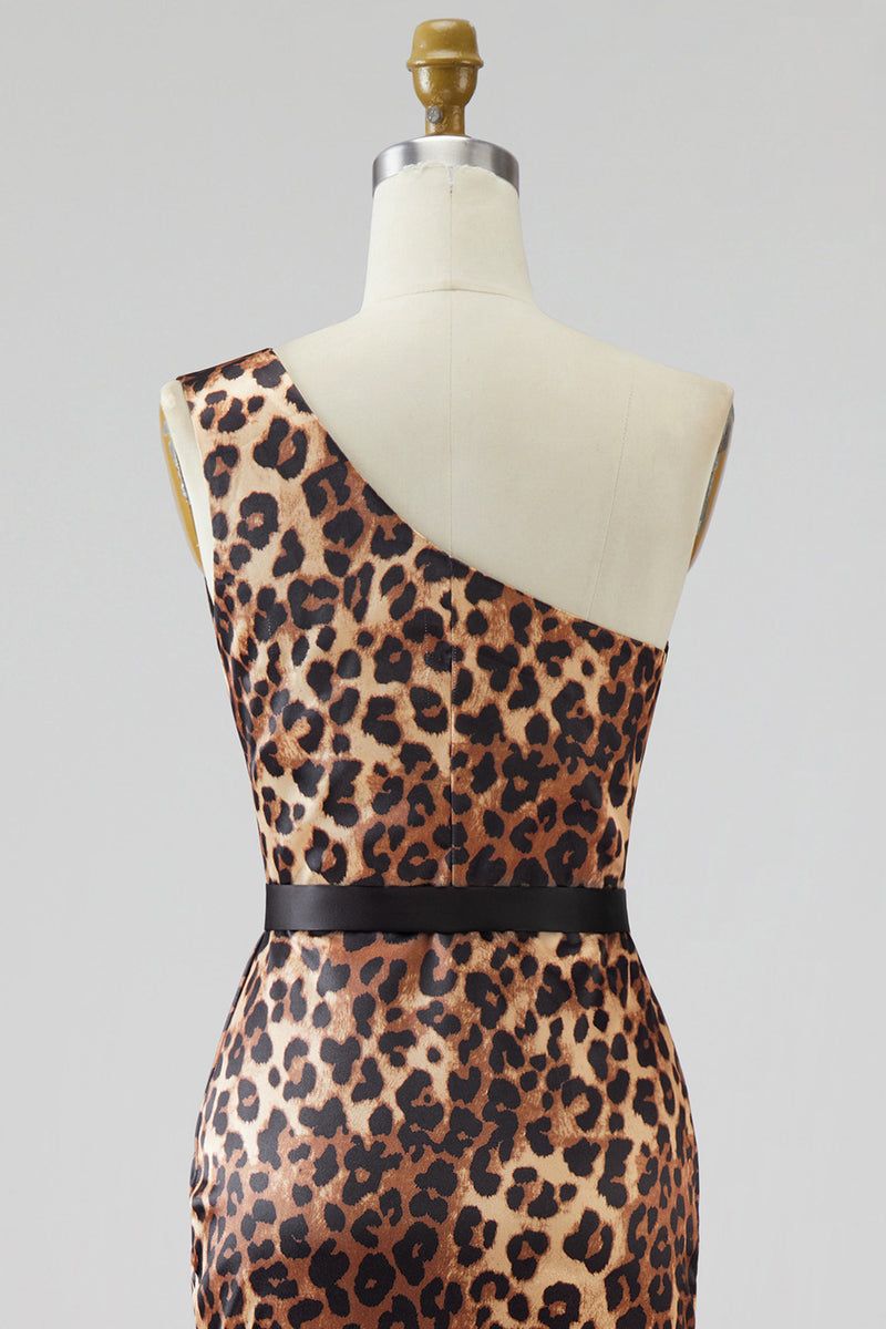 Load image into Gallery viewer, Khaki Leopard Print One Shoulder Mermaid Long Prom Dress