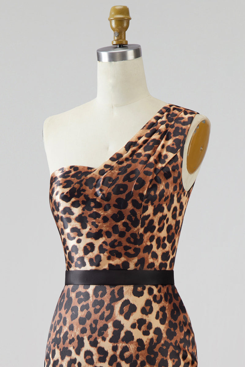 Load image into Gallery viewer, Khaki Leopard Print One Shoulder Mermaid Long Prom Dress