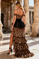 Load image into Gallery viewer, Sparkly Khaki Leopard Ruffled Sheath Long Prom Dress with Slit
