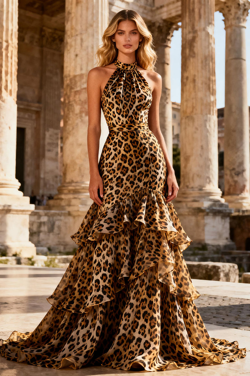 Load image into Gallery viewer, Khaki Mermaid Leopard Print Halter Long Prom Dress with Ruffles
