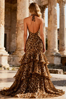 Load image into Gallery viewer, Khaki Mermaid Leopard Print Halter Long Prom Dress with Ruffles