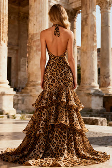 Khaki Mermaid Leopard Print Halter Long Prom Dress with Ruffles
