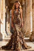 Load image into Gallery viewer, Khaki Leopard Mermaid Chiffon Tiered Long Prom Dress with Ruffles