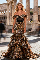 Load image into Gallery viewer, Khaki Leopard Mermaid Tiered Long Corset Prom Dress with Ruffles