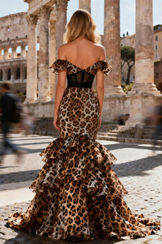 Khaki Leopard Mermaid Tiered Long Corset Prom Dress with Ruffles
