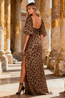 Sparkly Khaki Leopard Print Long Beaded Prom Dress with Slit