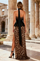 Load image into Gallery viewer, Khaki Leopard Print Strapless Sheath Long Corset Prom Dress with Slit