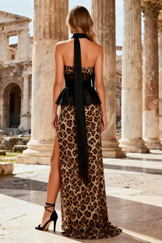 Khaki Leopard Print Strapless Sheath Long Corset Prom Dress with Slit