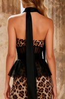 Load image into Gallery viewer, Khaki Leopard Print Strapless Sheath Long Corset Prom Dress with Slit
