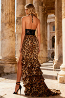 Load image into Gallery viewer, Khaki Mermaid Leopard Ruched Long Prom Dress with Ruffles