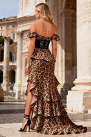 Load image into Gallery viewer, Khaki Leopard Ruffled Off the Shoulder Long Prom Dress with Slit