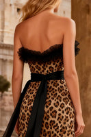 Load image into Gallery viewer, Khaki Leopard Sweetheart Ruffled Chiffon Long Prom Dress with Slit