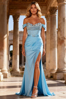 Load image into Gallery viewer, Sky Blue Beaded Mermaid Long Corset Prom Dress with Belt
