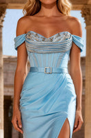 Load image into Gallery viewer, Sky Blue Beaded Mermaid Long Corset Prom Dress with Belt