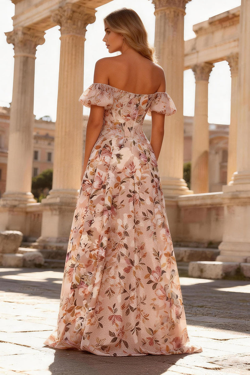Load image into Gallery viewer, Floral Pink A Line Off the Shoulder Corset Long Prom Dress with Slit