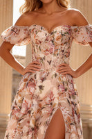 Load image into Gallery viewer, Floral Pink A Line Off the Shoulder Corset Long Prom Dress with Slit