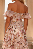 Load image into Gallery viewer, Floral Pink A Line Off the Shoulder Corset Long Prom Dress with Slit
