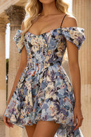 Load image into Gallery viewer, Floral Blue A Line Cold Shoulder Corset Short Prom Dress with Cape