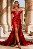 Load image into Gallery viewer, Red Beaded Mermaid Halter Neck Long Prom Dress with Slit