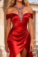 Load image into Gallery viewer, Red Beaded Mermaid Halter Neck Long Prom Dress with Slit