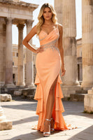 Load image into Gallery viewer, Peach Mermaid Ruffled Beaded Long Prom Dress with Slit
