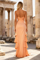 Load image into Gallery viewer, Peach Mermaid Ruffled Beaded Long Prom Dress with Slit