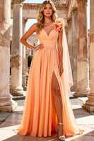 Load image into Gallery viewer, A Line Peach One Shoulder Long Prom Dress with 3D Flower