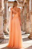 Load image into Gallery viewer, A Line Peach One Shoulder Long Prom Dress with 3D Flower