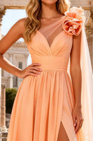 Load image into Gallery viewer, A Line Peach One Shoulder Long Prom Dress with 3D Flower