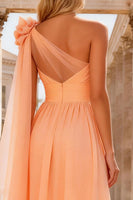 Load image into Gallery viewer, A Line Peach One Shoulder Long Prom Dress with 3D Flower