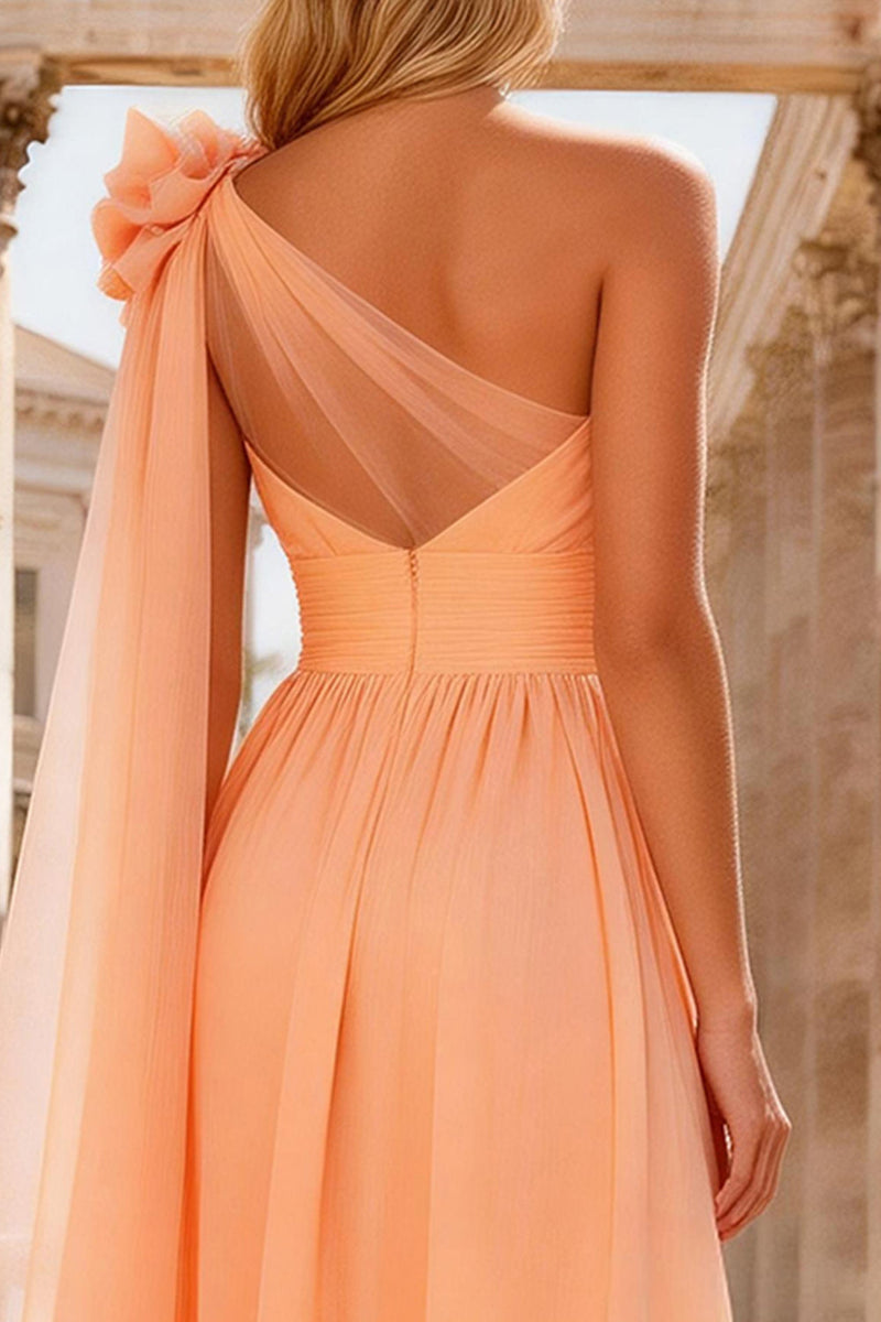 Load image into Gallery viewer, A Line Peach One Shoulder Long Prom Dress with 3D Flower
