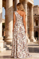Load image into Gallery viewer, Floral Pink A Line One Shoulder Corset Long Prom Dress with Slit