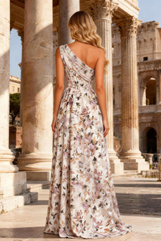 Floral Pink A Line One Shoulder Corset Long Prom Dress with Slit