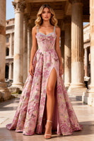 Load image into Gallery viewer, Sparkly Floral Pink Beaded Corset A Line Long Prom Dress with Slit