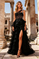 Load image into Gallery viewer, Black One Shoulder Lace Beaded Long Prom Dress with Ruffles