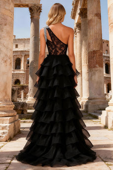 Black One Shoulder Lace Beaded Long Prom Dress with Ruffles