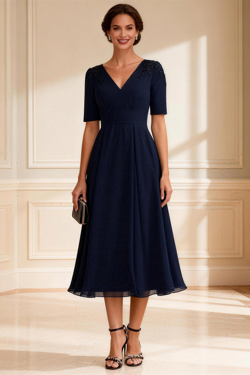 Load image into Gallery viewer, V-Neck Navy A-Line Midi Mother of the Bride Dress