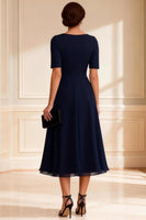 Load image into Gallery viewer, V-Neck Navy A-Line Midi Mother of the Bride Dress
