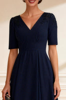Load image into Gallery viewer, V-Neck Navy A-Line Midi Mother of the Bride Dress